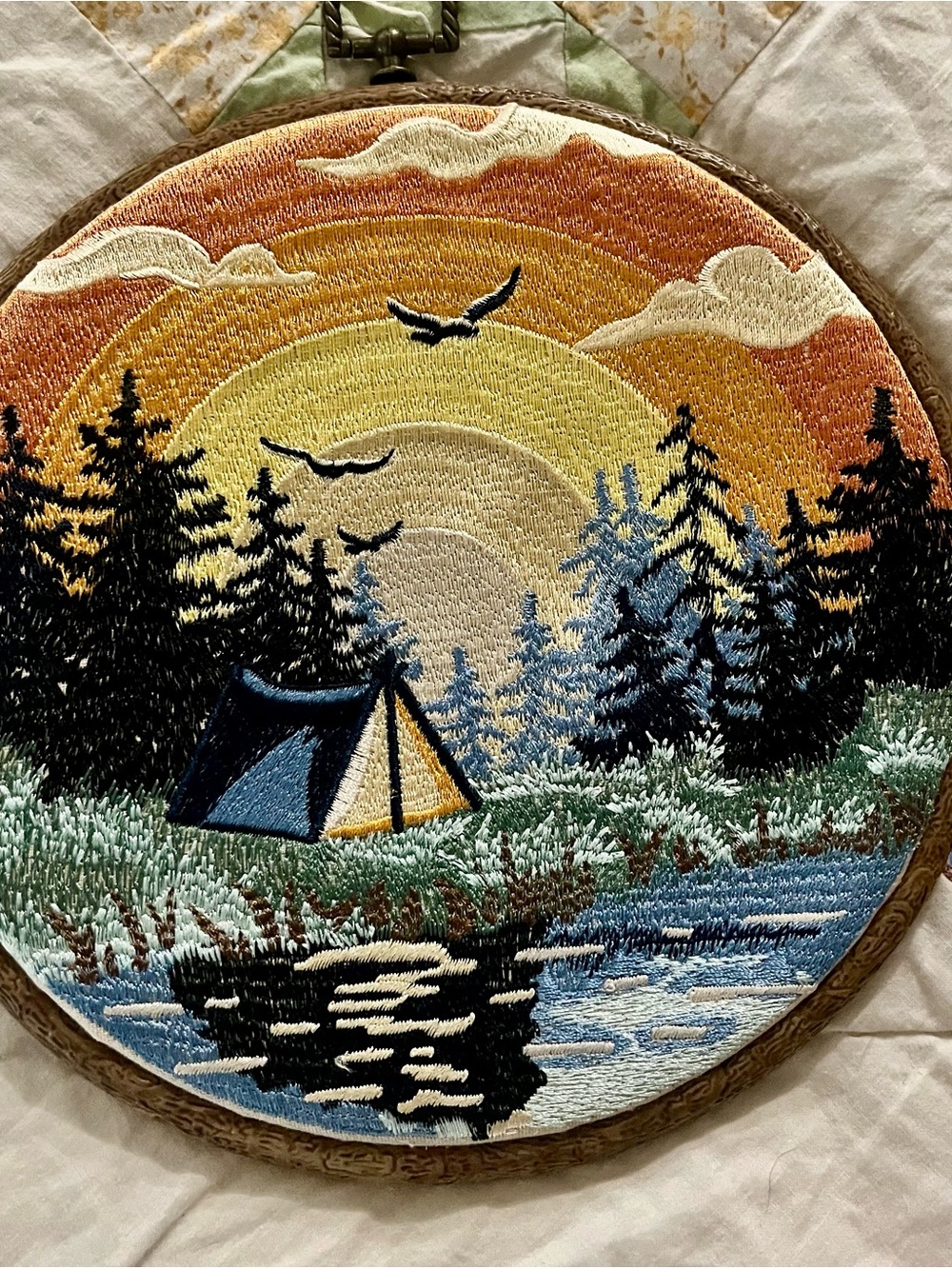 Hand Embroidery Finished Hoop Art Sunset Camping Landscape 8.5" Wall Decor